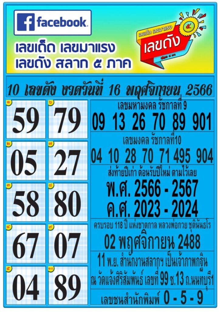หวยไทย เลขดังสลาก5ภาค 16/11/66